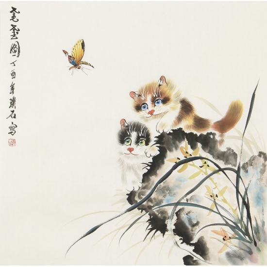 【已售】写意国画猫 璞石斗方动物画《耄耋图》
