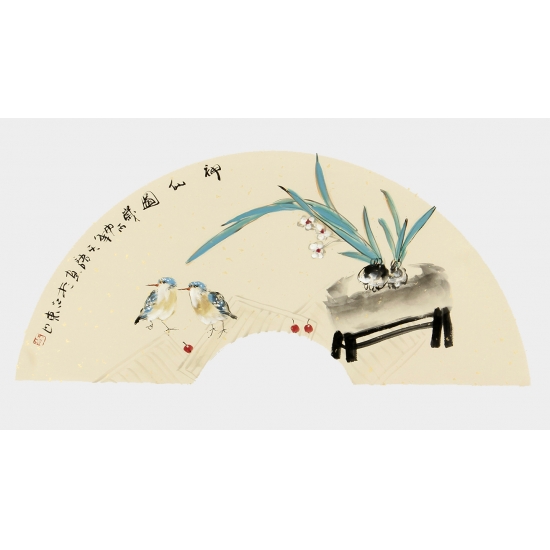 【已售】实力派画家阳瑞萍写意花鸟扇面《神仙图》