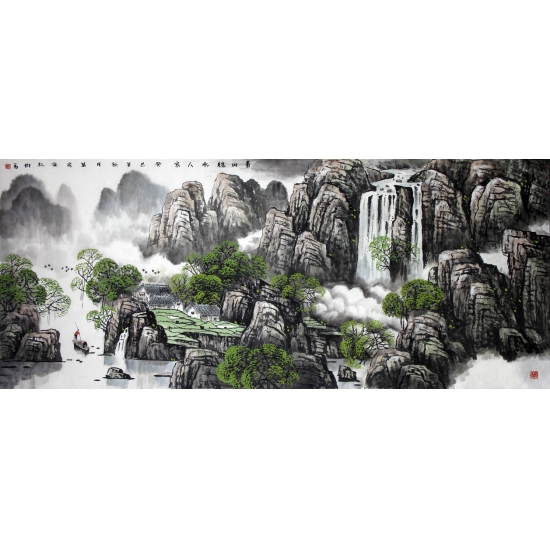 著名画家王万泉六尺横幅山水画《青山绿水人家》