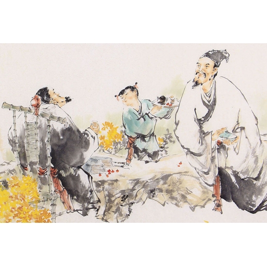 江苏美协石慵四尺人物画《东坡品茶赏菊图》