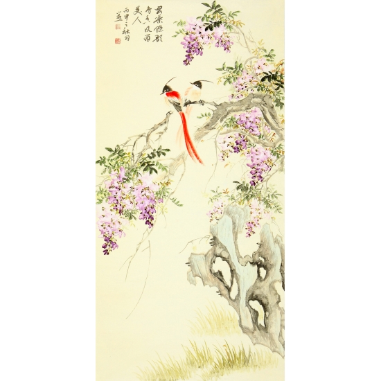  【已售】皇甫小喜小写意四尺竖幅花鸟画 紫藤图