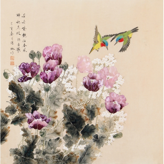 【已售】张琳精品斗方工笔花鸟画《朵朵紫艳佔春风》