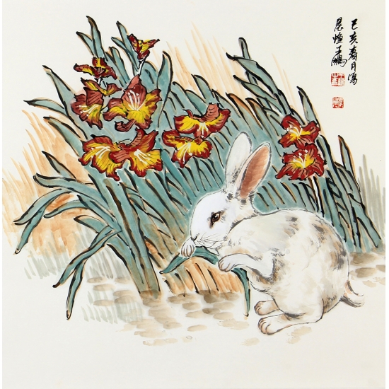 国画兔子 王鹏四尺斗方写意动物画《玉兔》