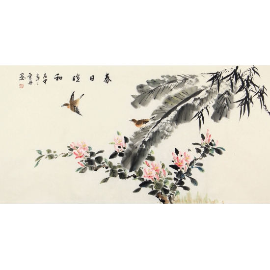 实力派画家李云舟四尺横幅花鸟画《春日喧和》