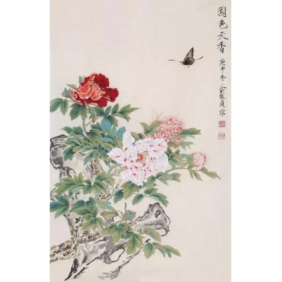著名花鸟画家俞致贞花鸟画牡丹图《国色天香》