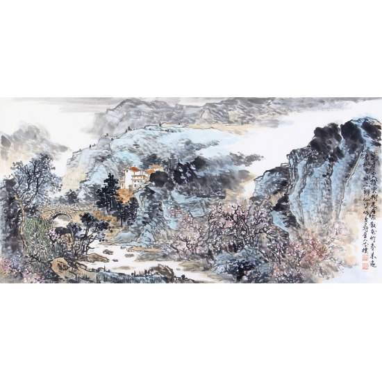 典藏国画 李朴四尺横幅国画山水画作品《遥看》
