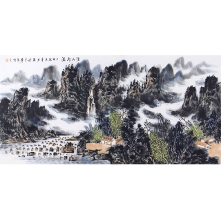 中国美协会员王本杰四尺横幅山水画《溪山飞瀑》