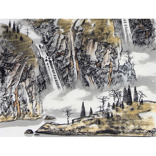 中美协会员王居龙四尺竖幅写意山水画《秋谷响泉》