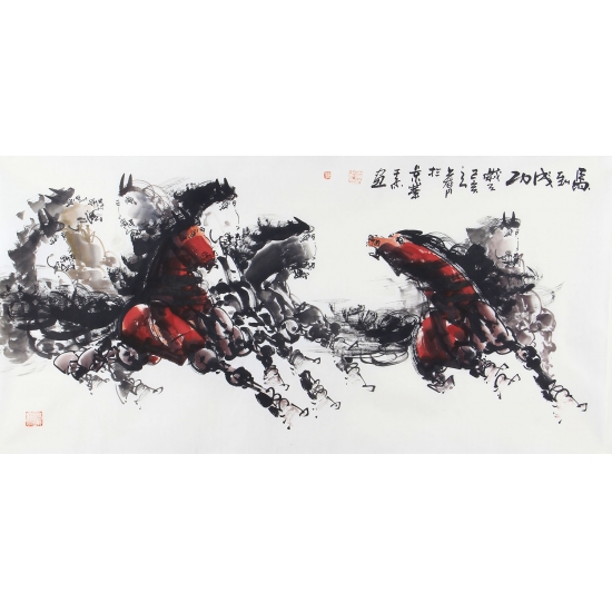 【已售】八骏图 王杰四尺横幅动物画《马到成功》