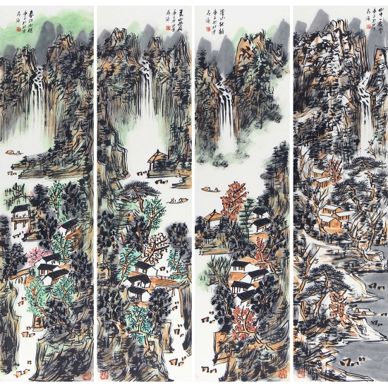 中美协会员晁海山水画新品四条屏《春夏秋冬》