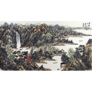【已售出】中美协会员晁海六尺山水画作品《湖光山色》 