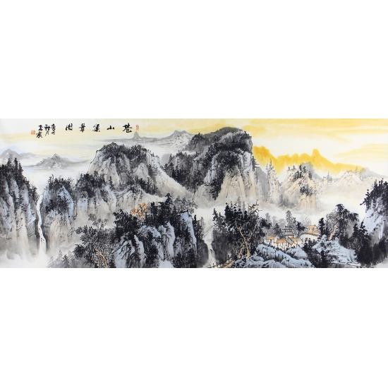 中美协会员曹来宾六尺横幅山水画《苍山集翠图》 