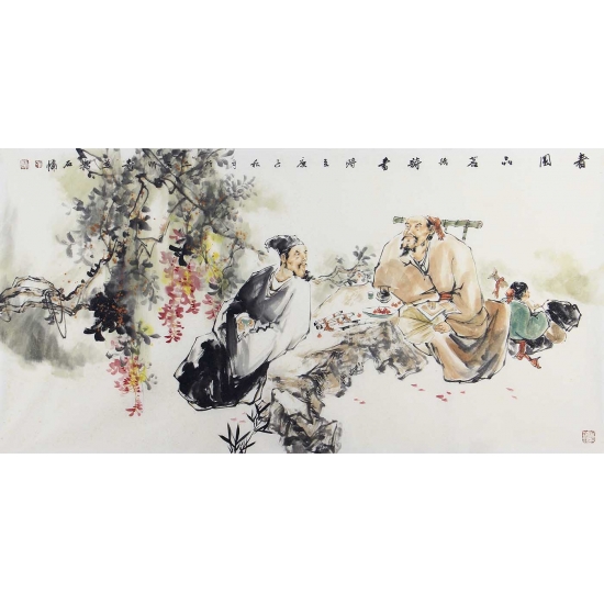 江苏美协会员 石慵四尺人物画作品《春园品茗话诗书》 