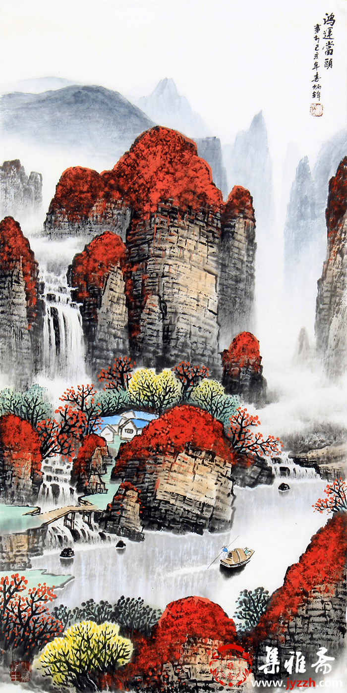 竖式山水树自然风景画图片